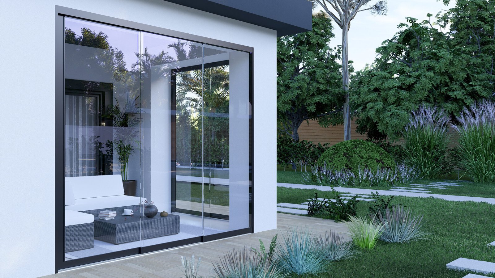 3-rail glazen schuifwand in zwart (RAL 9005) met helder glas voor een veranda of overkapping