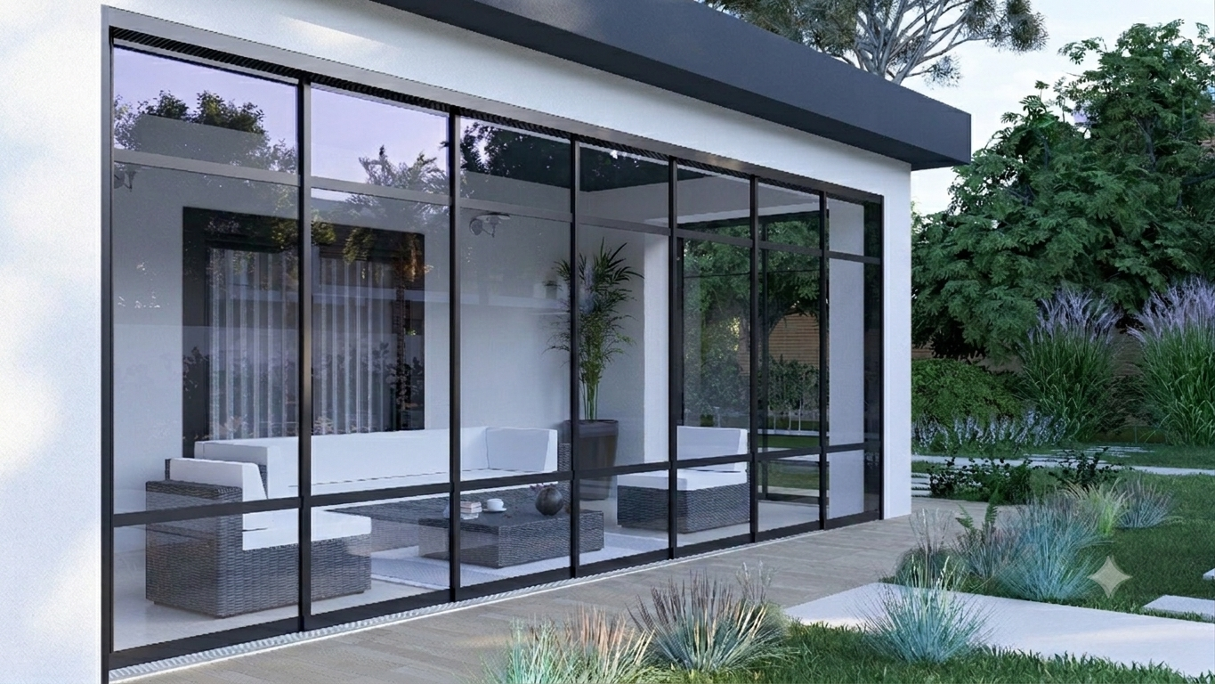 Steellook glazen schuifwand 7-rail met helder glas in zwart RAL9005.
