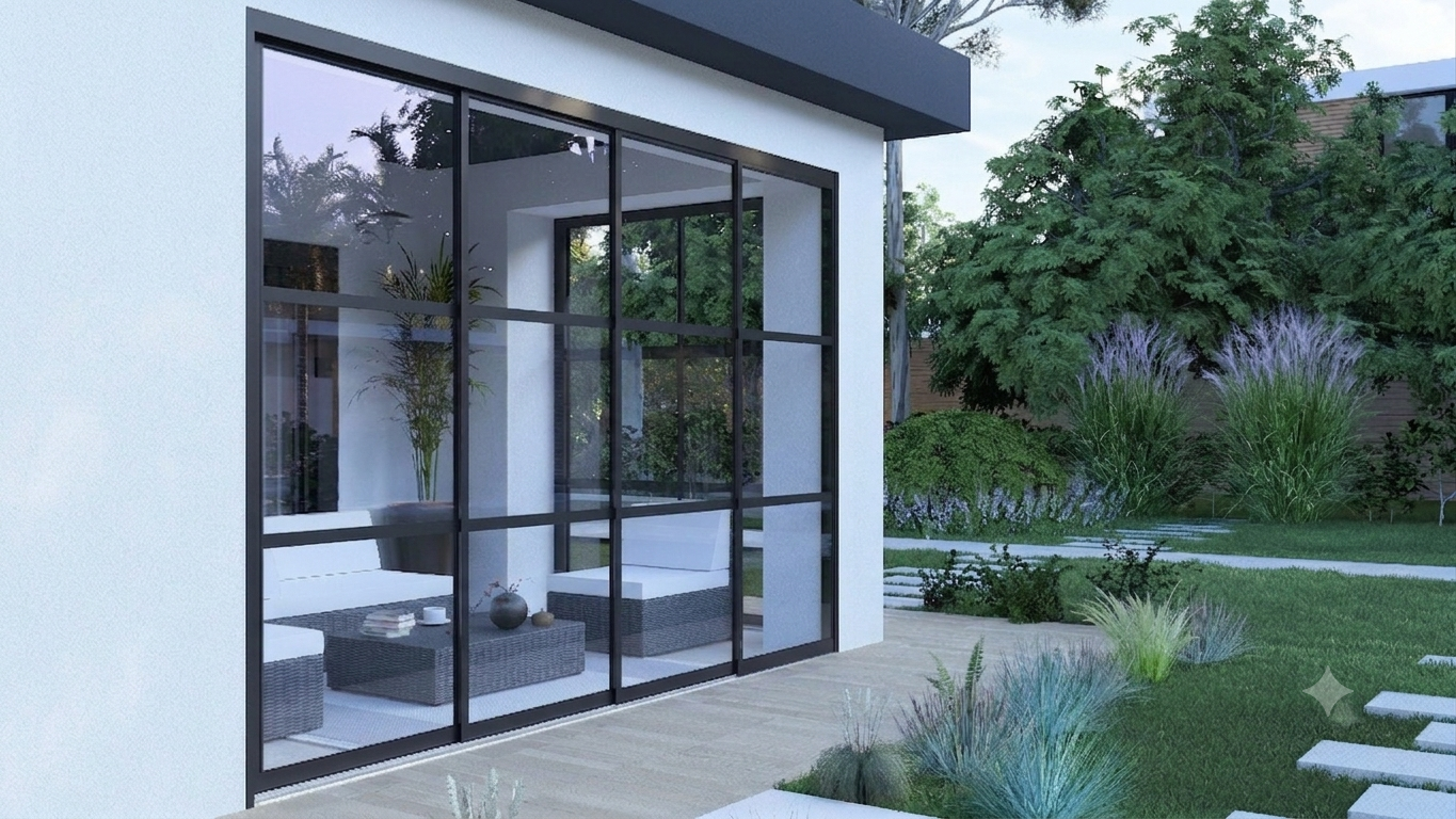 Steellook glazen schuifwand 4-rail met helder glas in zwart RAL9005.