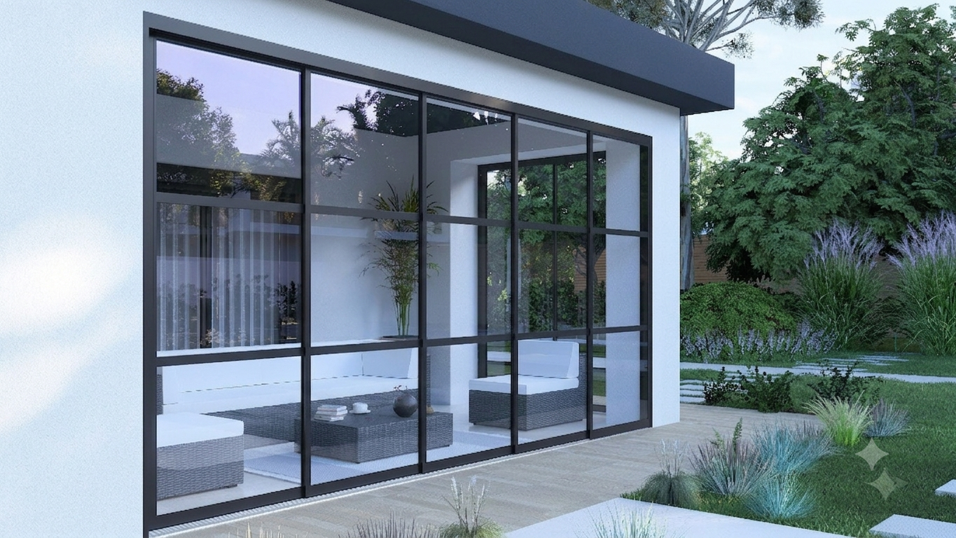 Steellook glazen schuifwand 5-rail met helder glas in zwart RAL9005.