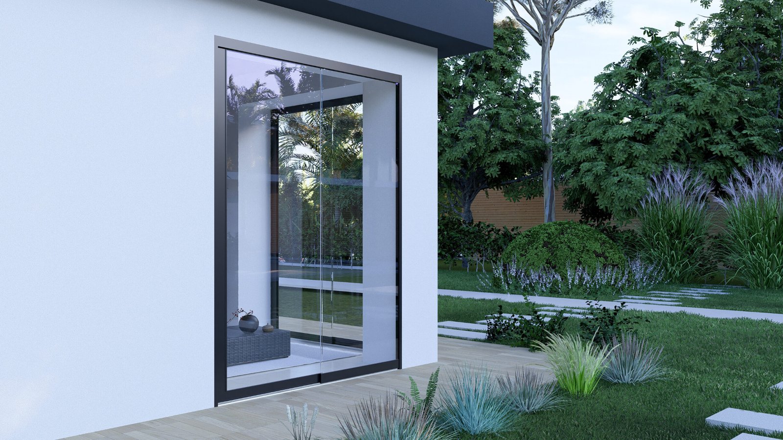 Glazen schuifwand 2-rail met helder glas en zwart profiel RAL9005