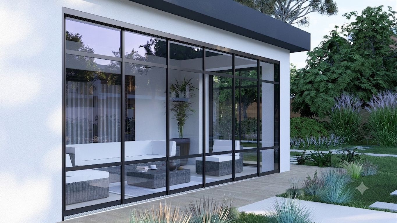 Steellook glazen schuifwand 6-rail met helder glas in zwart RAL9005.