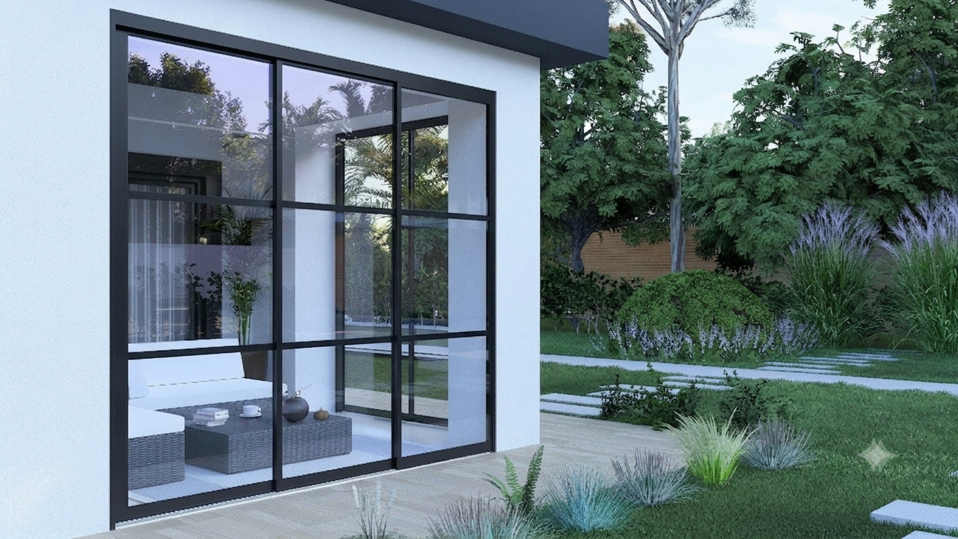 Steellook glazen schuifwand 3-rail met helder glas in zwart RAL9005.