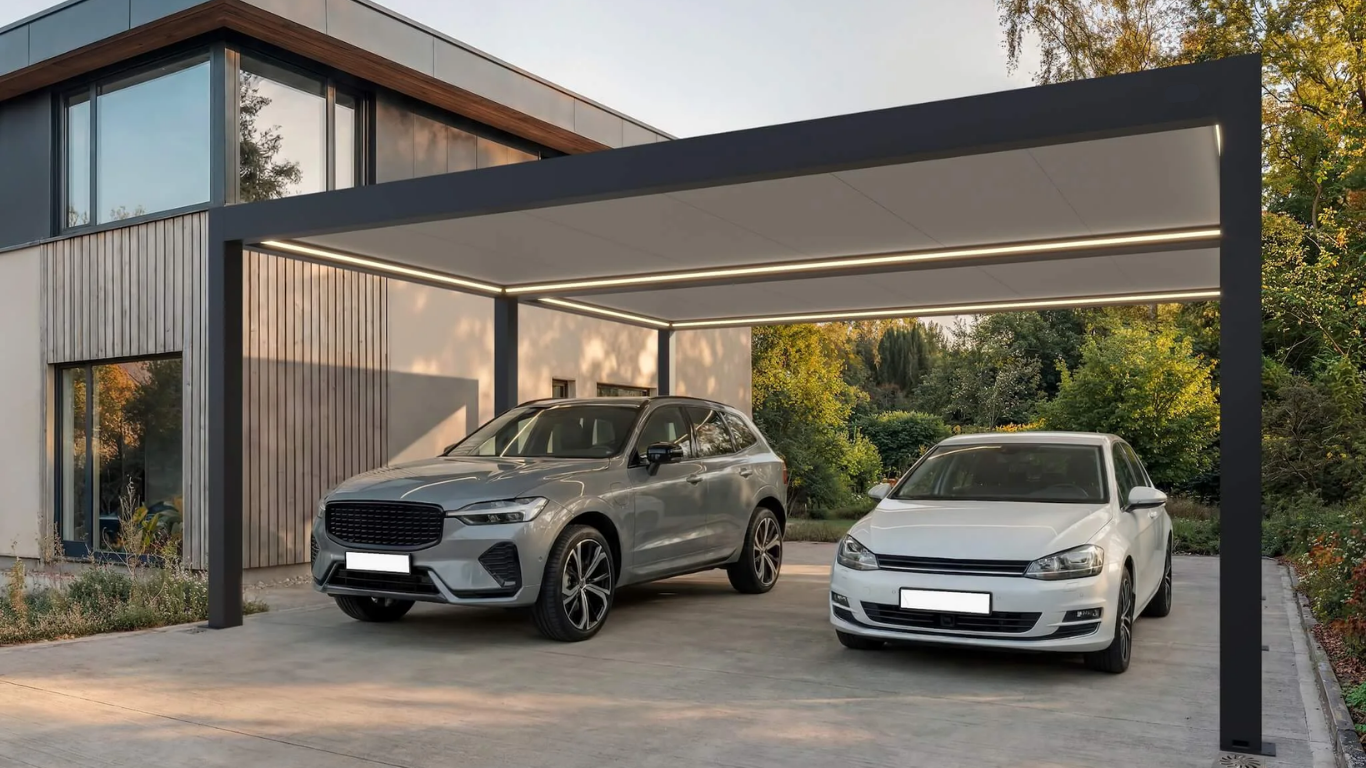 Aluminium carport 6 × 6 m in antraciet met sandwichdak en geïntegreerde LED-verlichting