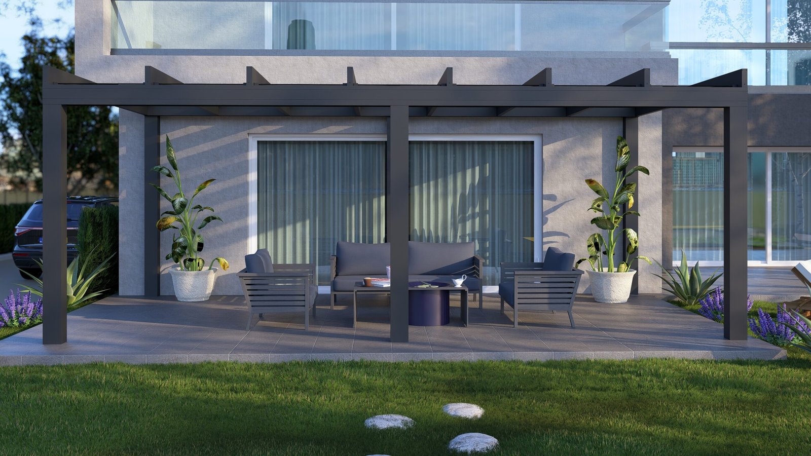 Cubo Elegance veranda met kubistische veranda antraciet voorwand view.