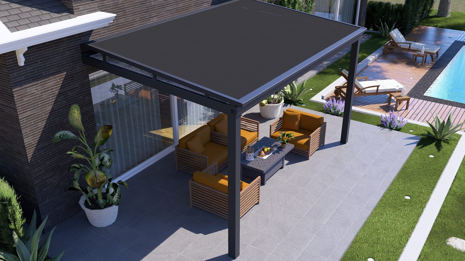 Bovendakzonwering op een Signature Prime veranda in antraciet